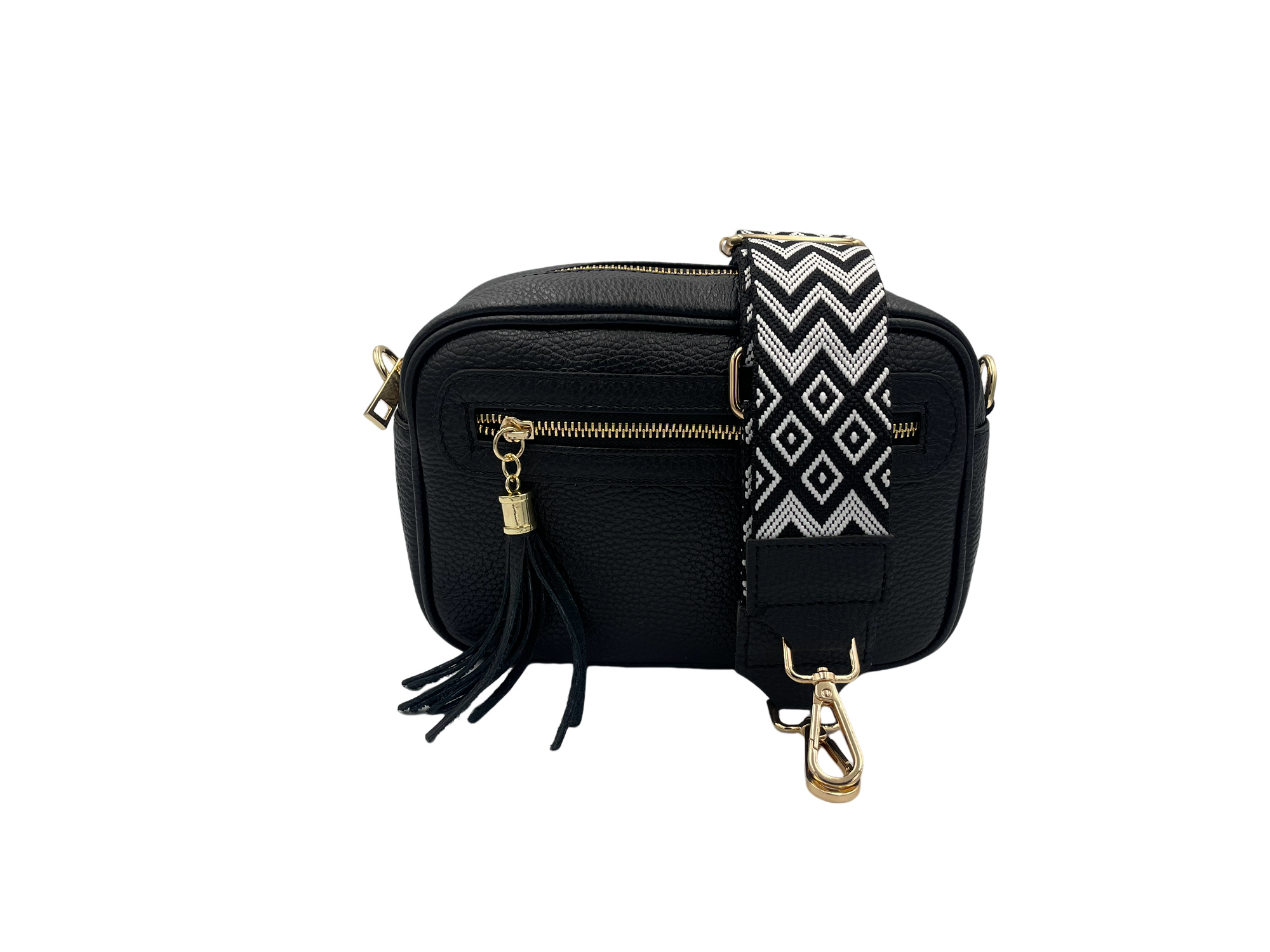 Tassel Crossbody Bag black with black white strap Sourced.Italy