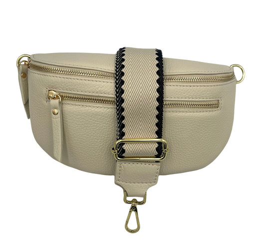 Sling Bag - cream double zipper with cream/blk strap