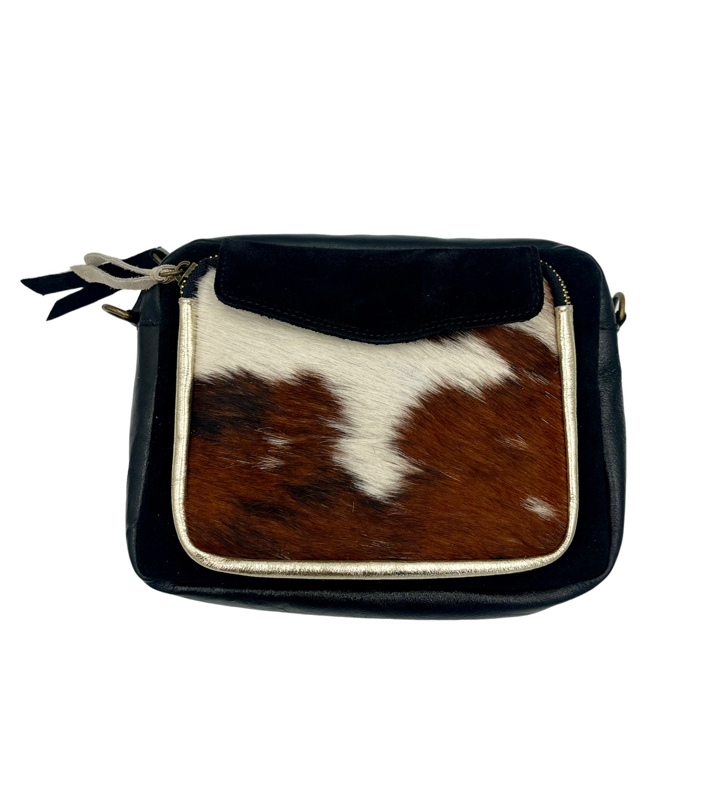 Pony Crossbody Bag - black suede and pony with black strap