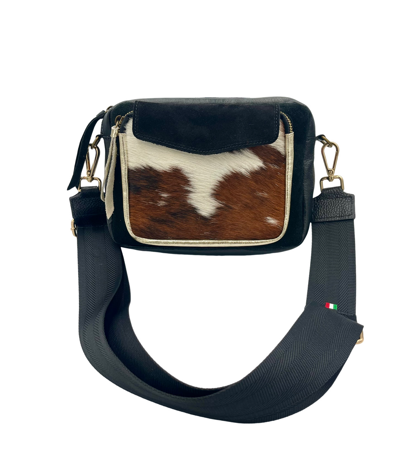 Pony Crossbody Bag - black suede and pony with black strap