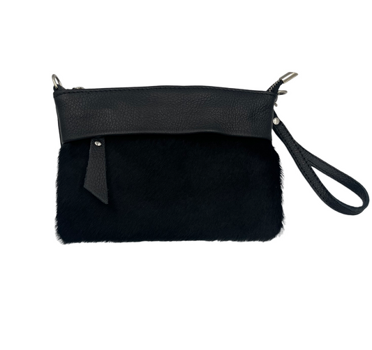 Pony Crossbody / Wristlet Bag - black pony with leather strap