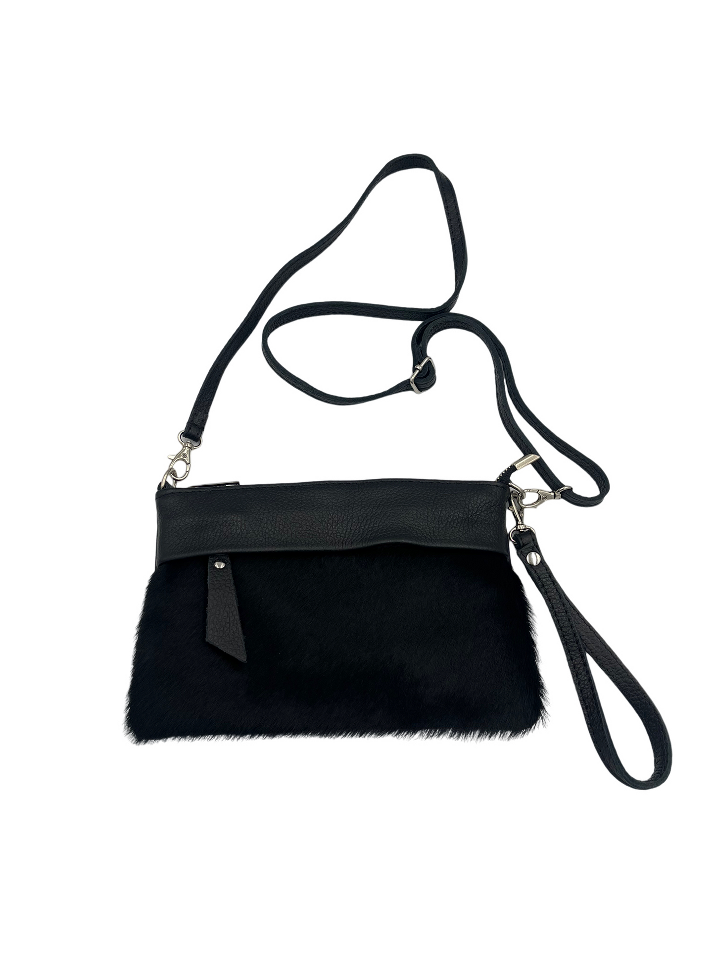 Pony Crossbody / Wristlet Bag - black pony with leather strap