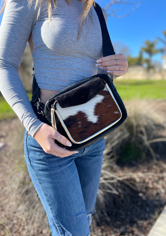 Pony Crossbody Bag - black suede and pony with black strap