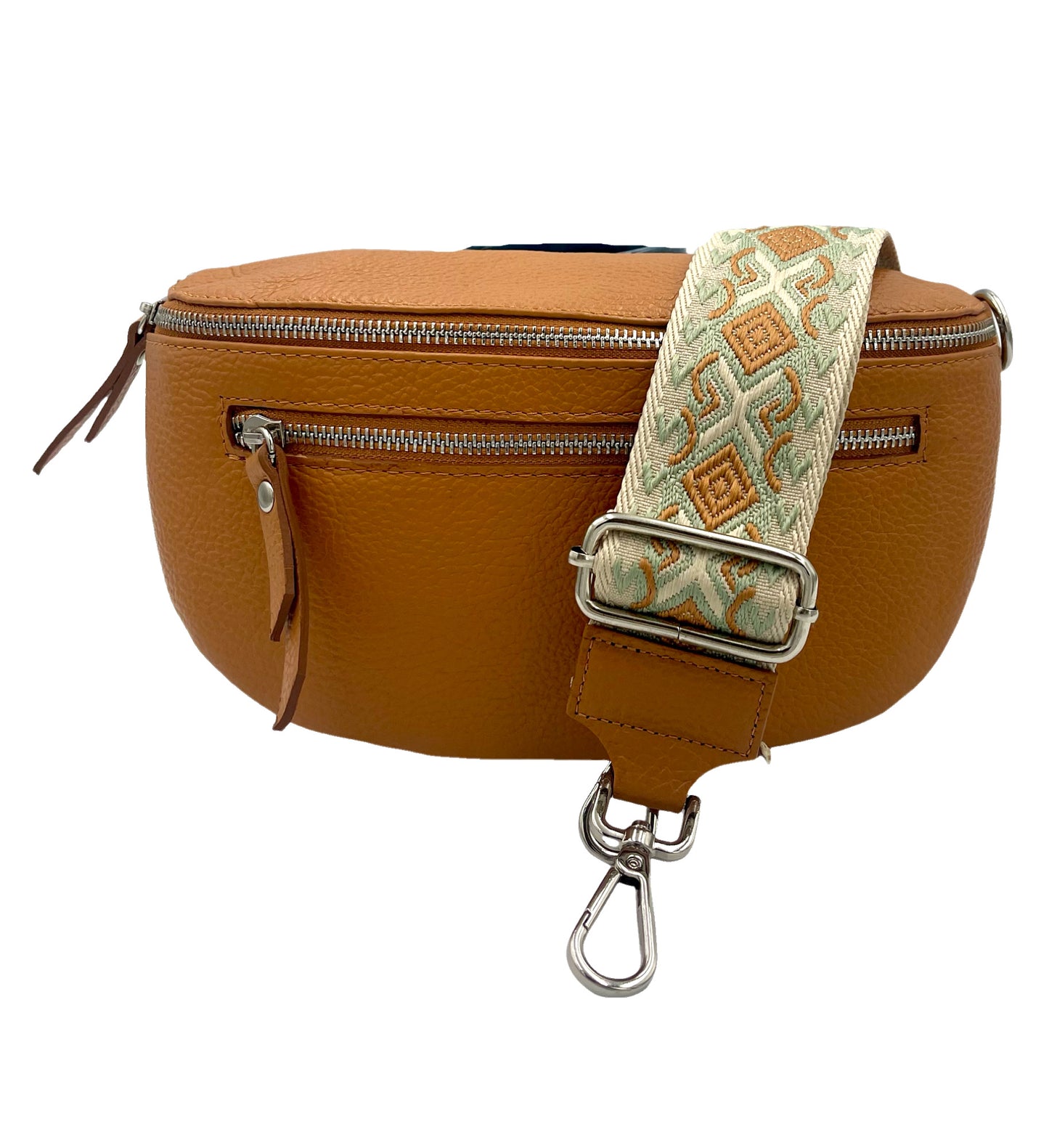 Sling Bag -camel double zipper with camel and cream strap