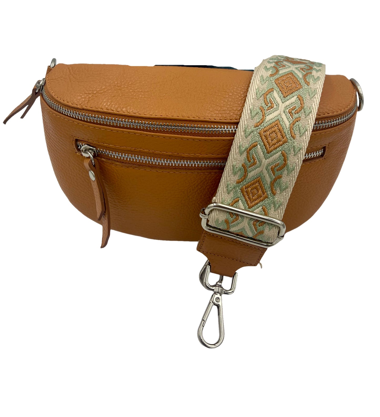 Sling Bag -camel double zipper with camel and cream strap