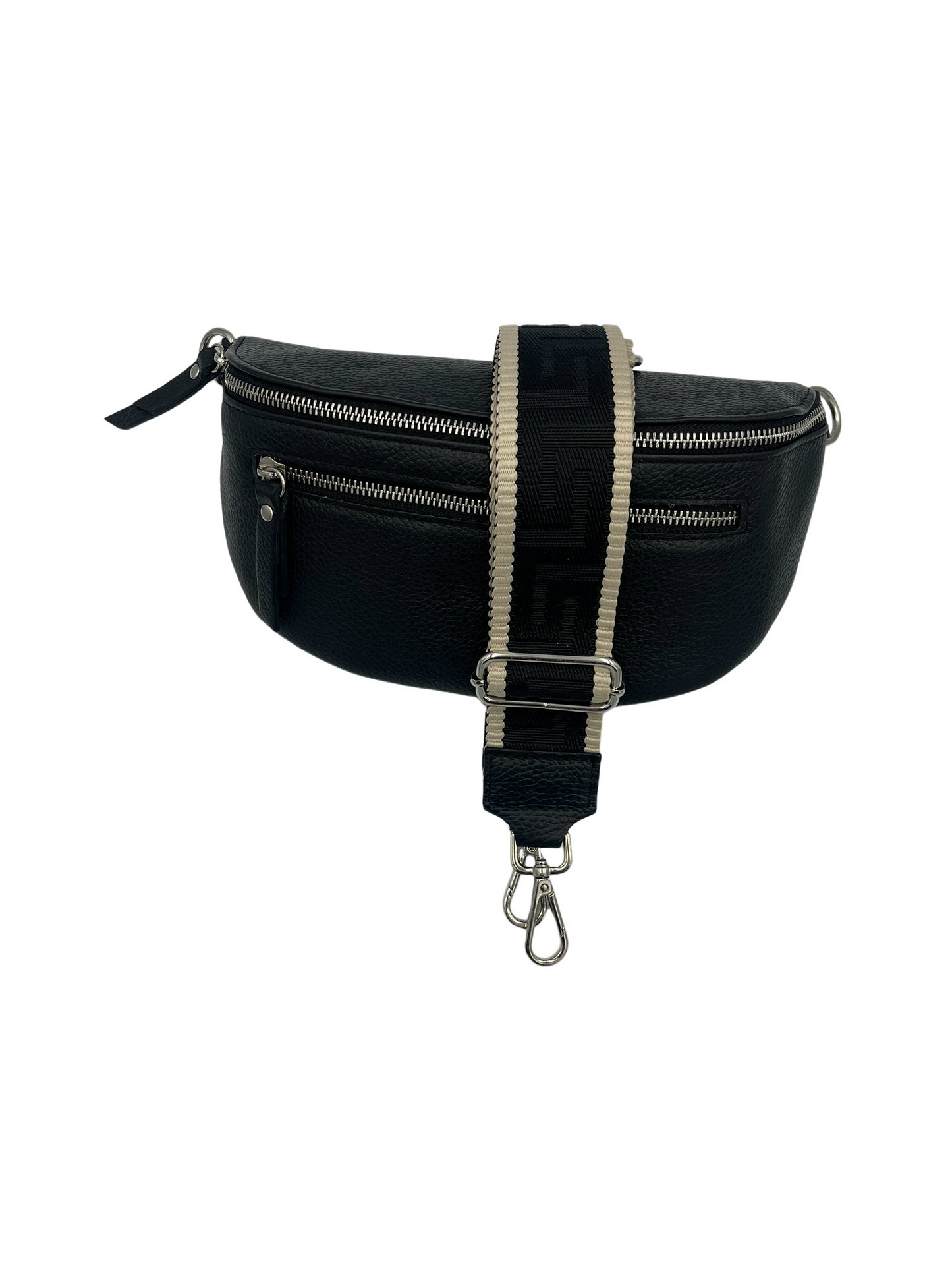 Sling Bag - black double zipper with black/cream strap