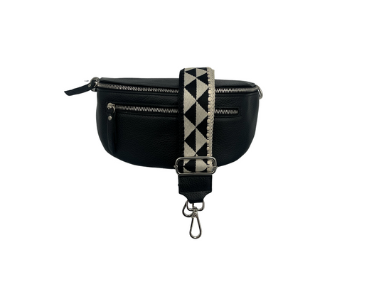 Sling Bag - black double zipper with black/cream strap