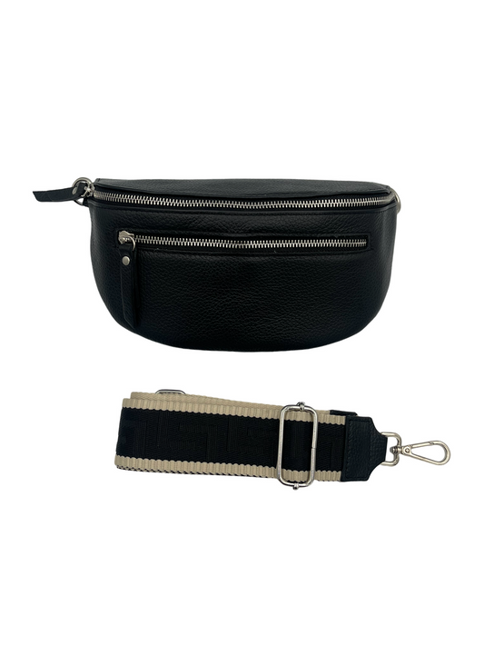 Sling Bag - black double zipper with black/cream strap