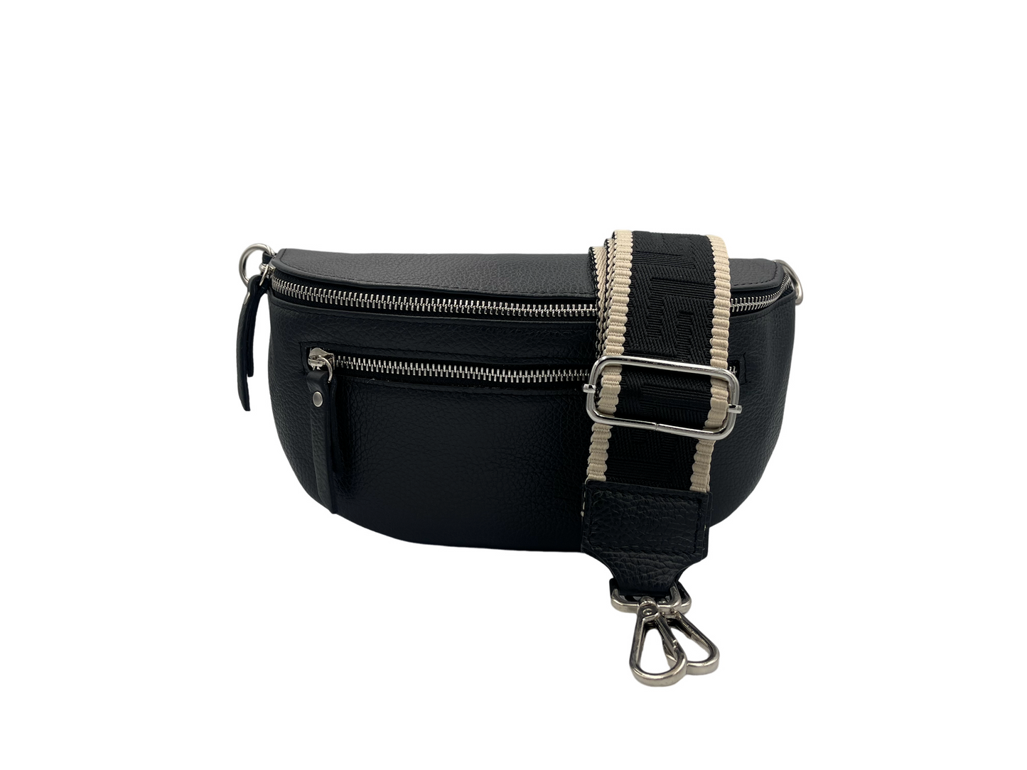 Sling Bag - black double zipper with black/cream strap