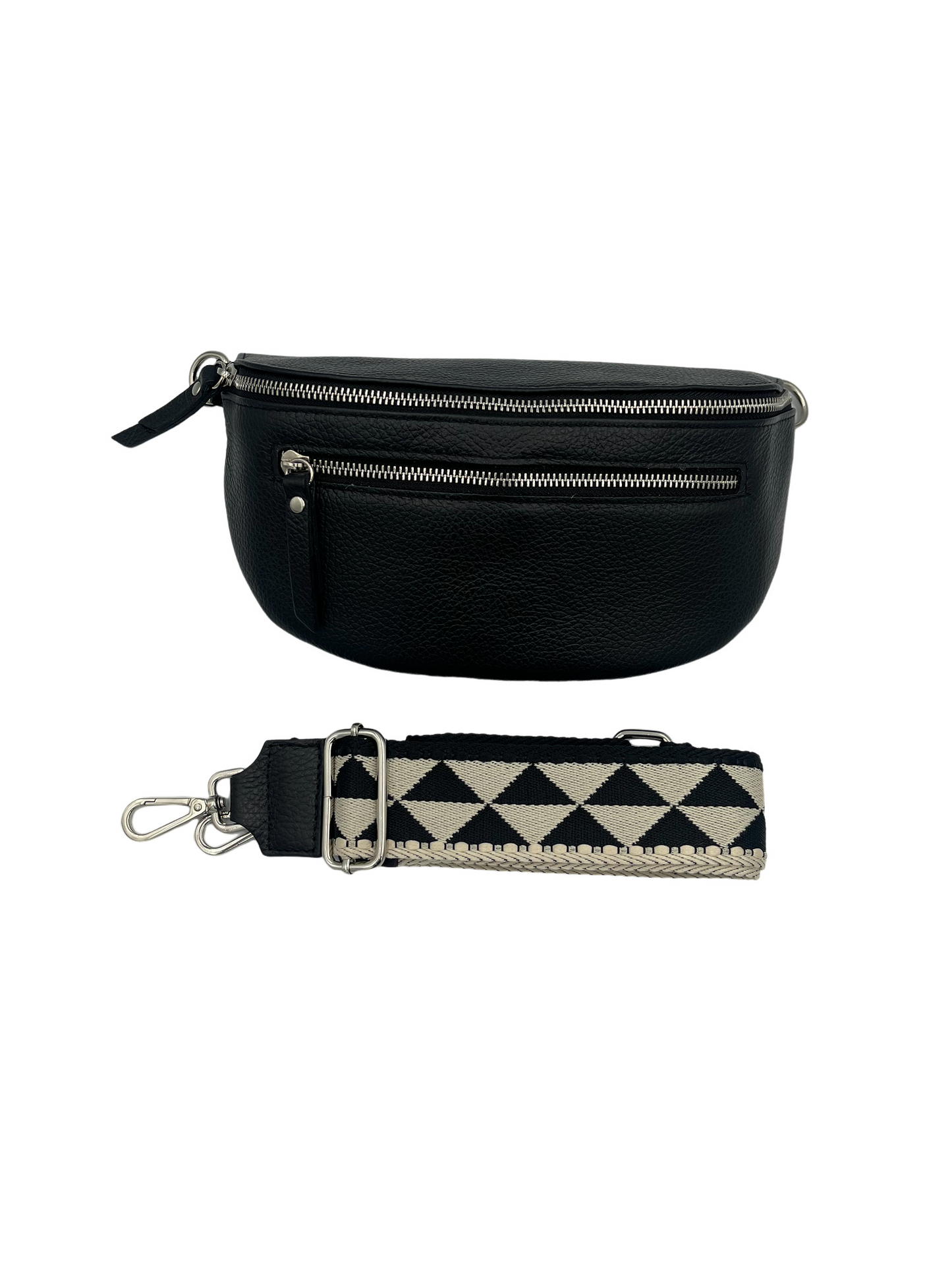 Sling Bag - black double zipper with black/cream strap