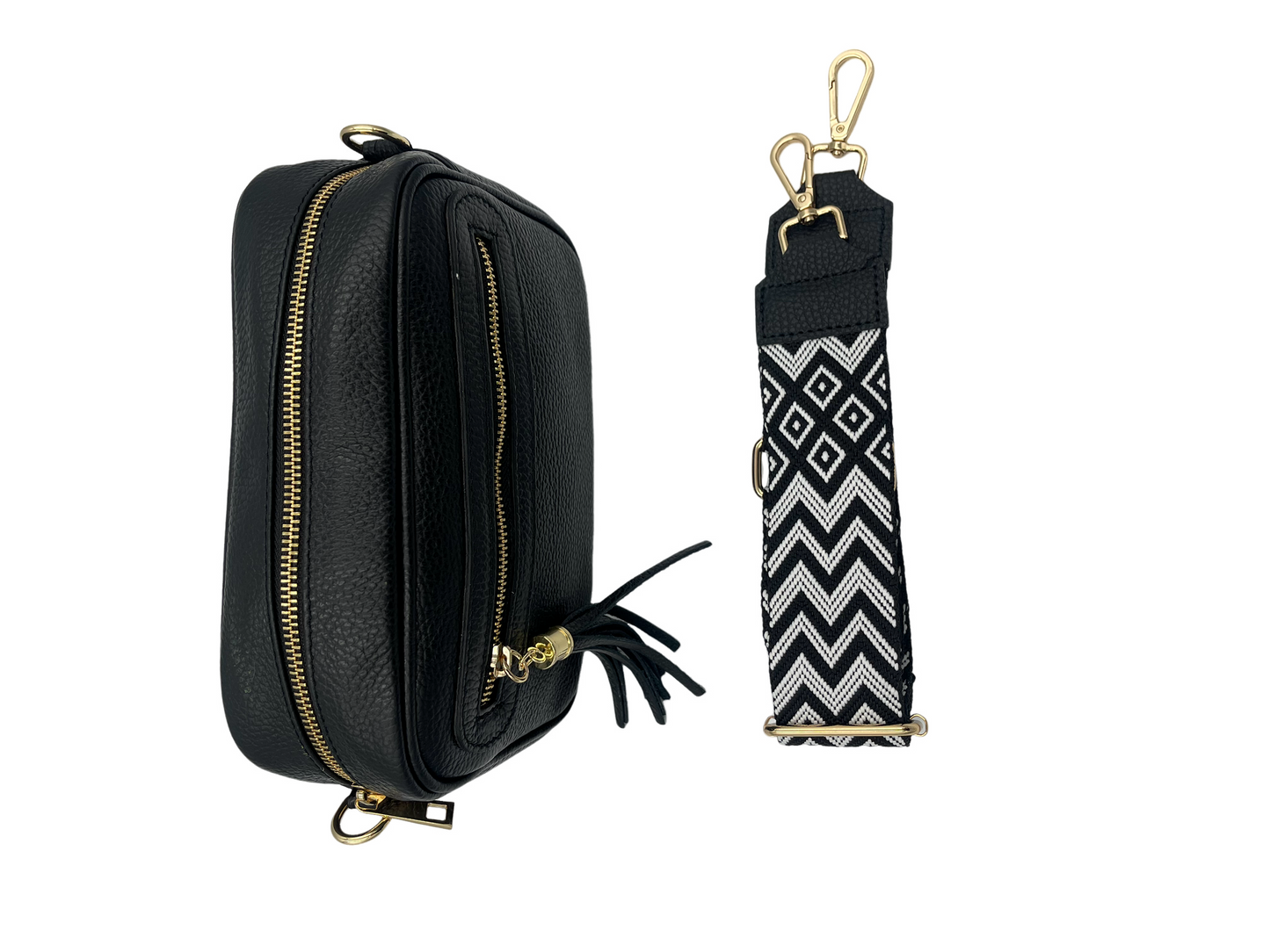 Tassel Crossbody Bag - black with black/white strap