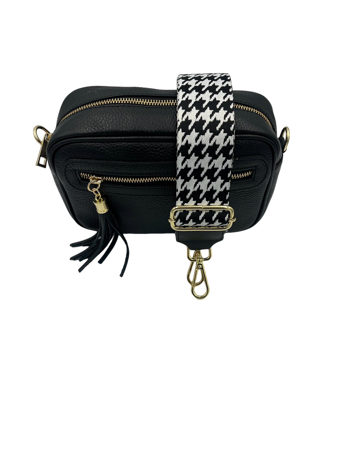 Tassel Crossbody Bag - black with black/white herringbone strap