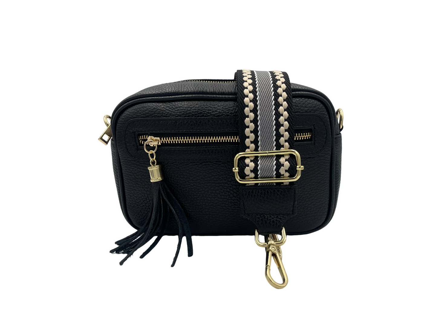 Tassel Crossbody Bag - black with black/cream strap