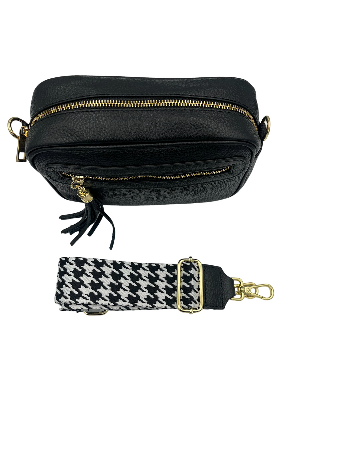 Tassel Crossbody Bag - black with black/white herringbone strap