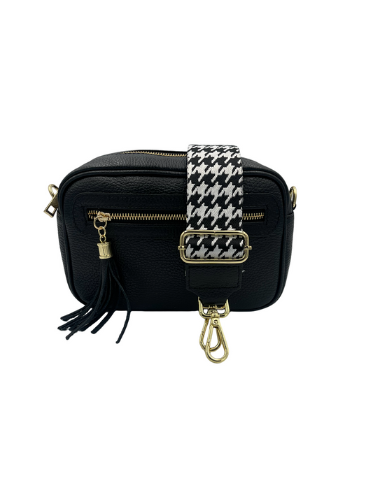 Tassel Crossbody Bag - black with black/white herringbone strap