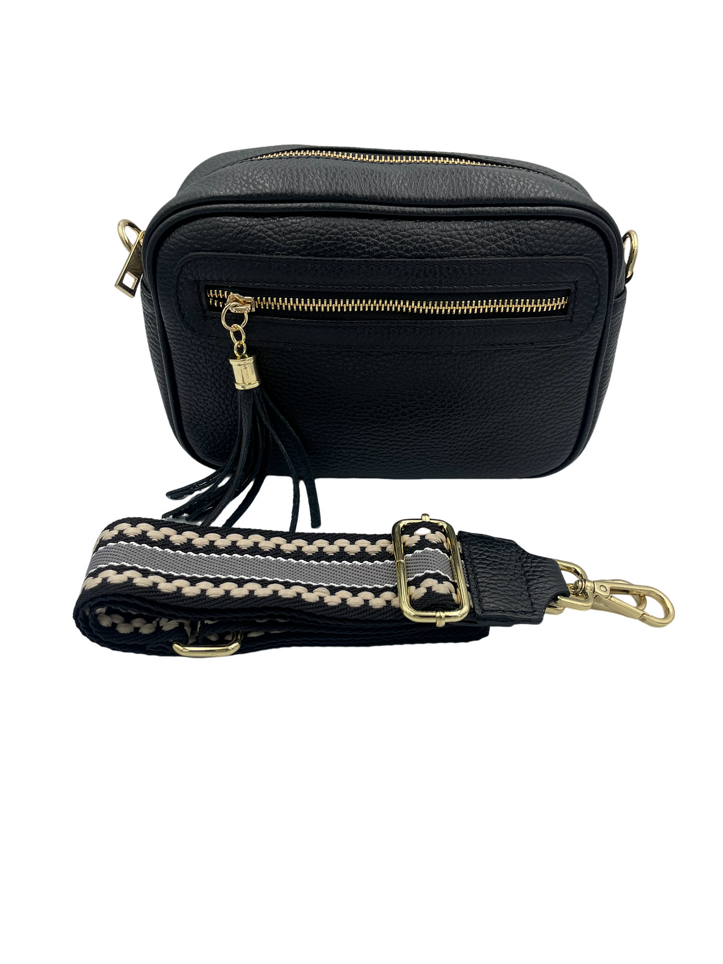 Tassel Crossbody Bag - black with black/cream strap