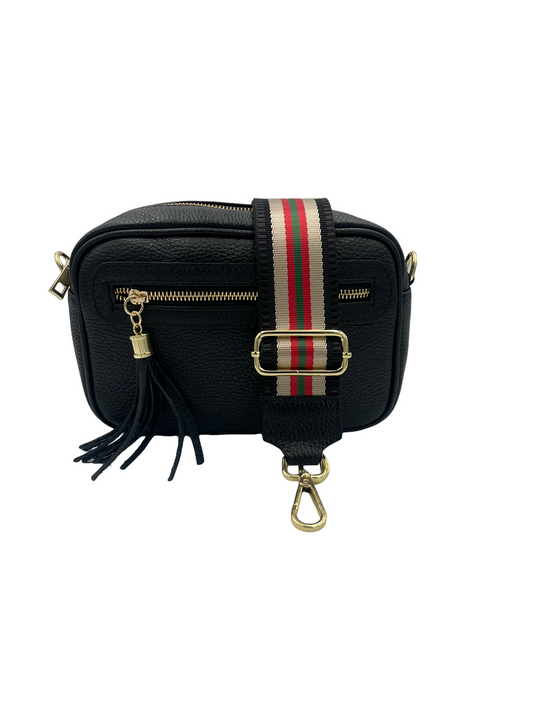 Tassel Crossbody Bag - black with black/red/green/cream strap