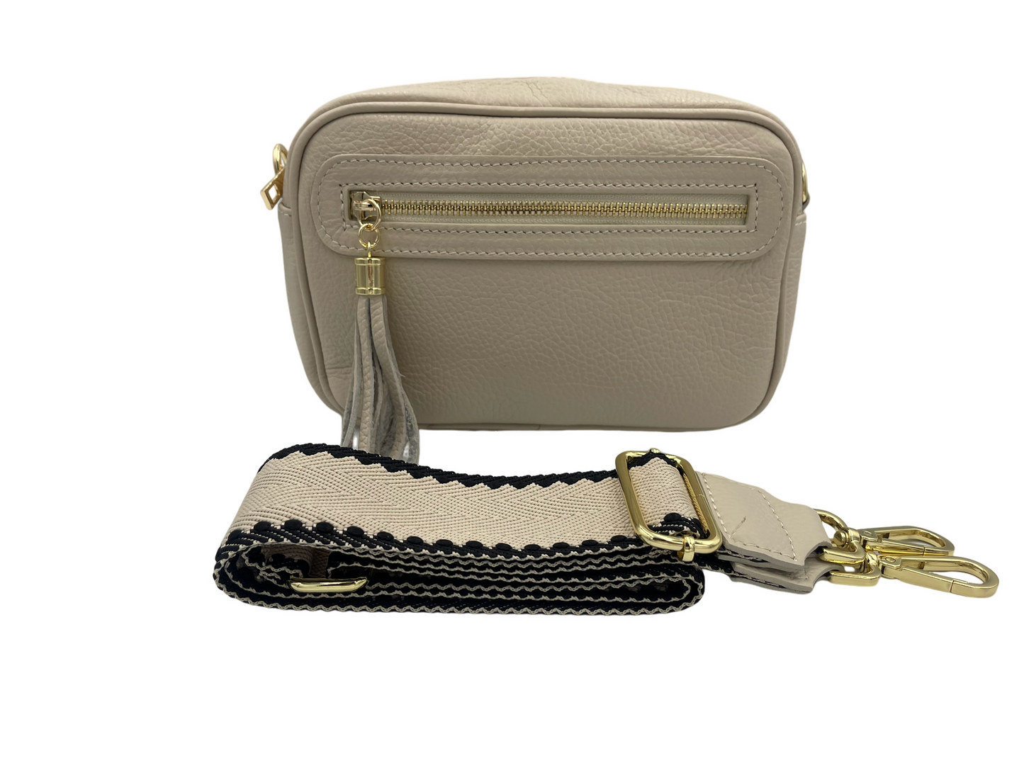 Tassel Crossbody Bag - cream with cream/black strap