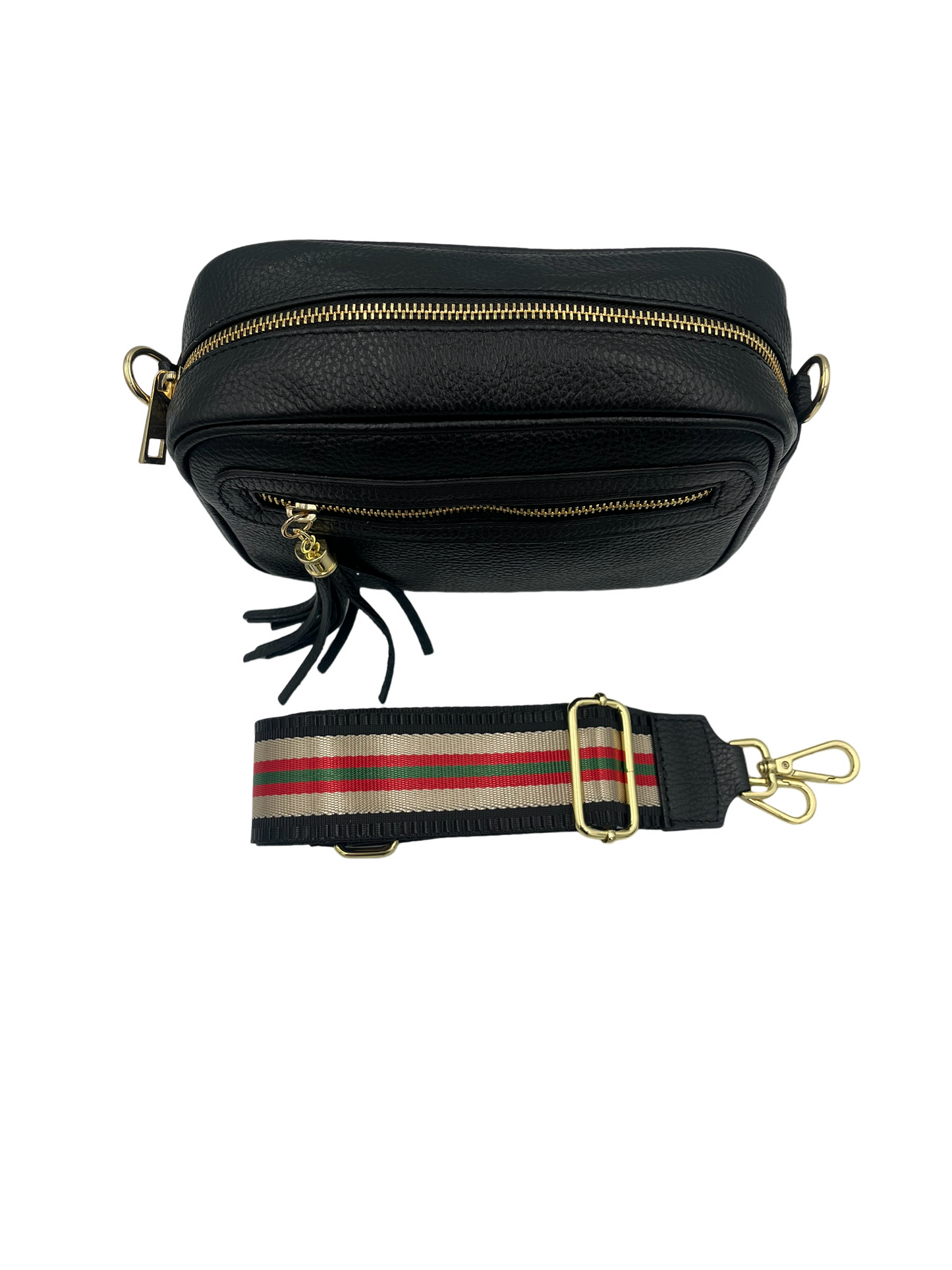 Tassel Crossbody Bag - black with black/red/green/cream strap