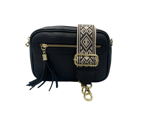 Tassel Crossbody Bag - black with black/cream braided strap