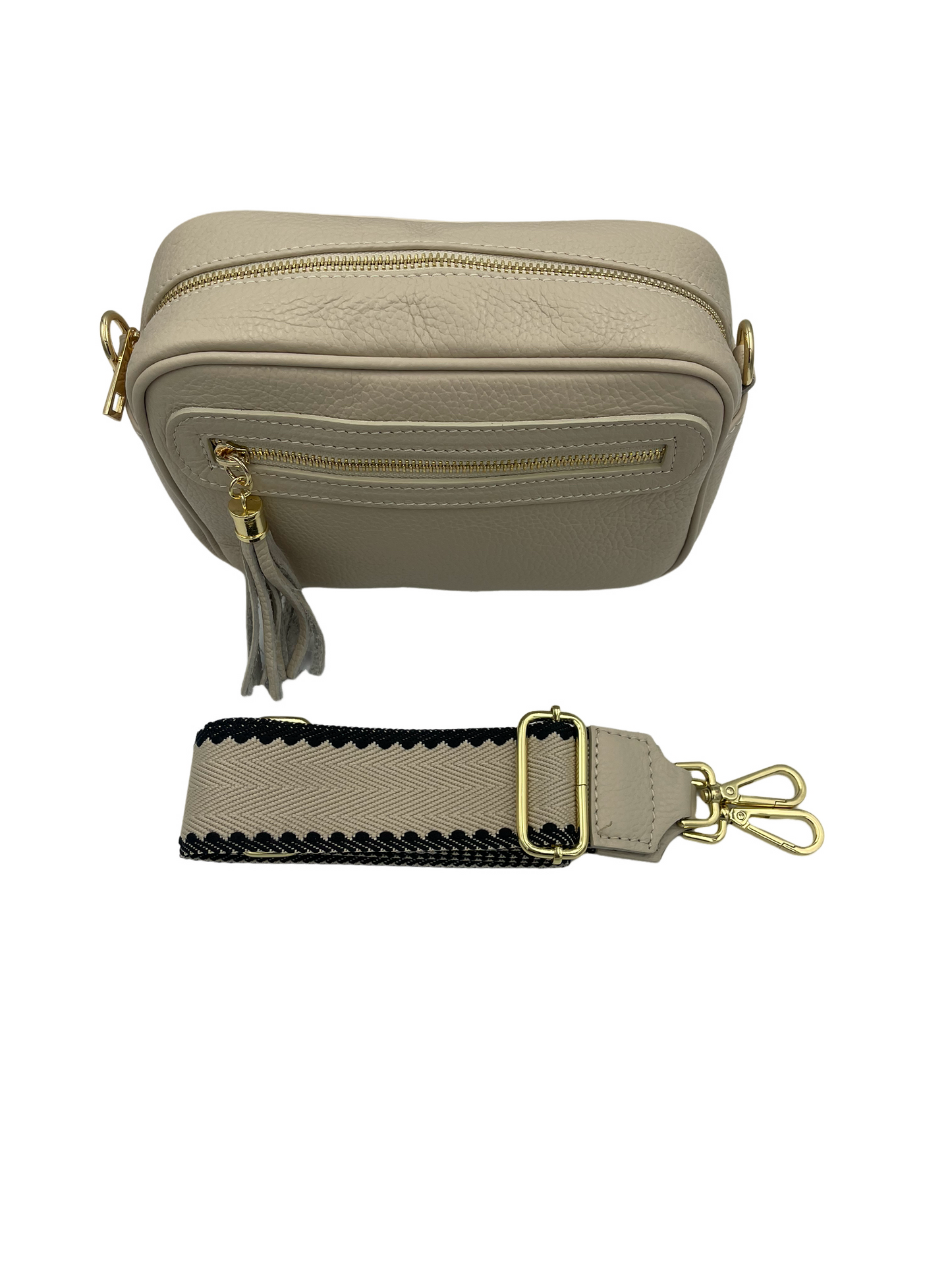 Tassel Crossbody Bag - cream with cream/black strap