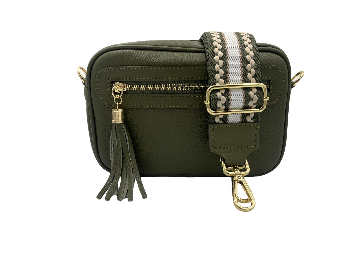 Tassel Crossbody Bag - olive with olive/cream strap