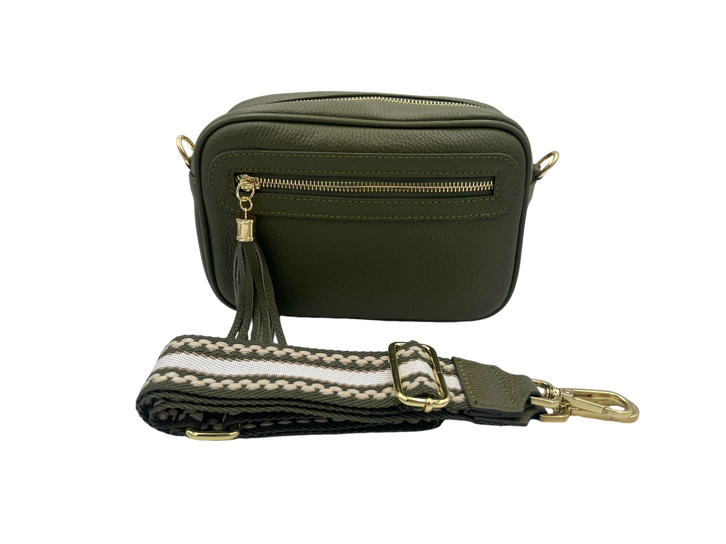 Tassel Crossbody Bag - olive with olive/cream strap