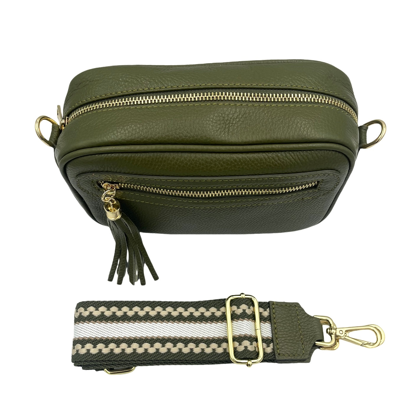 Tassel Crossbody Bag - olive with olive/cream strap