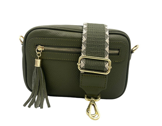 Tassel Crossbody Bag - olive with olive/cream stripe strap