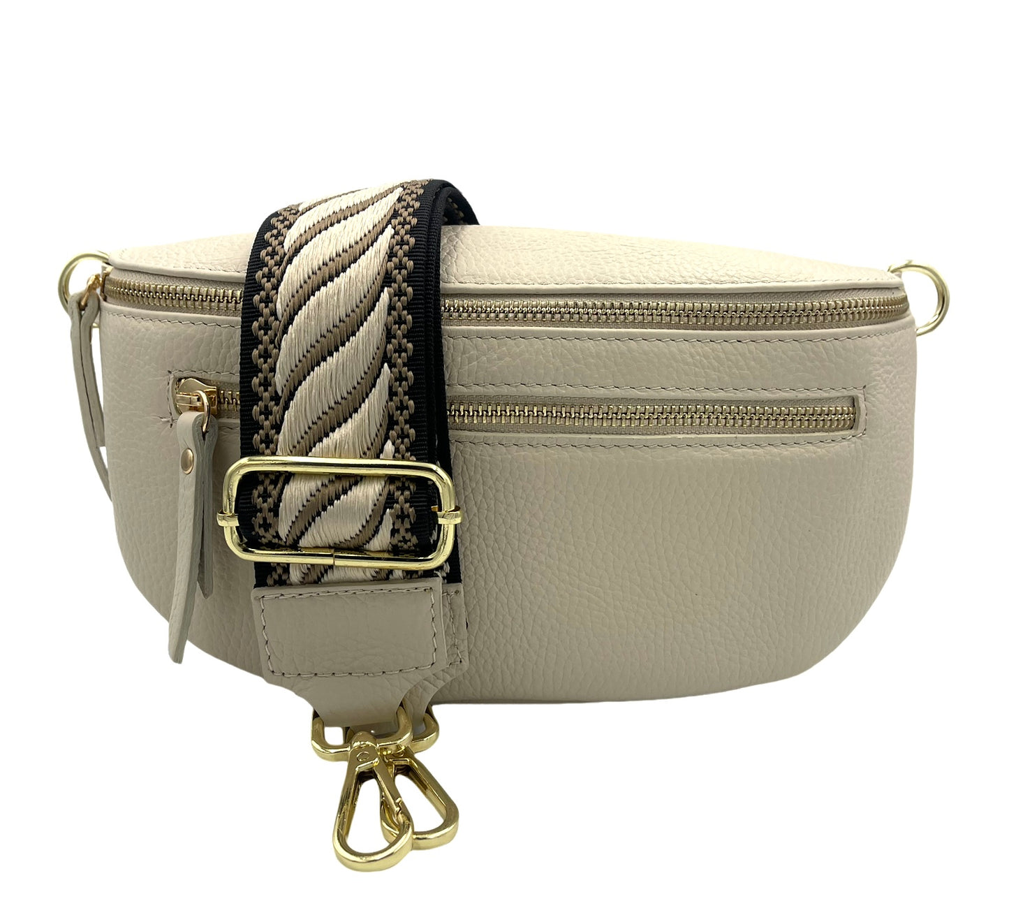 Sling Bag - cream double zipper with cream/blk/olive strap
