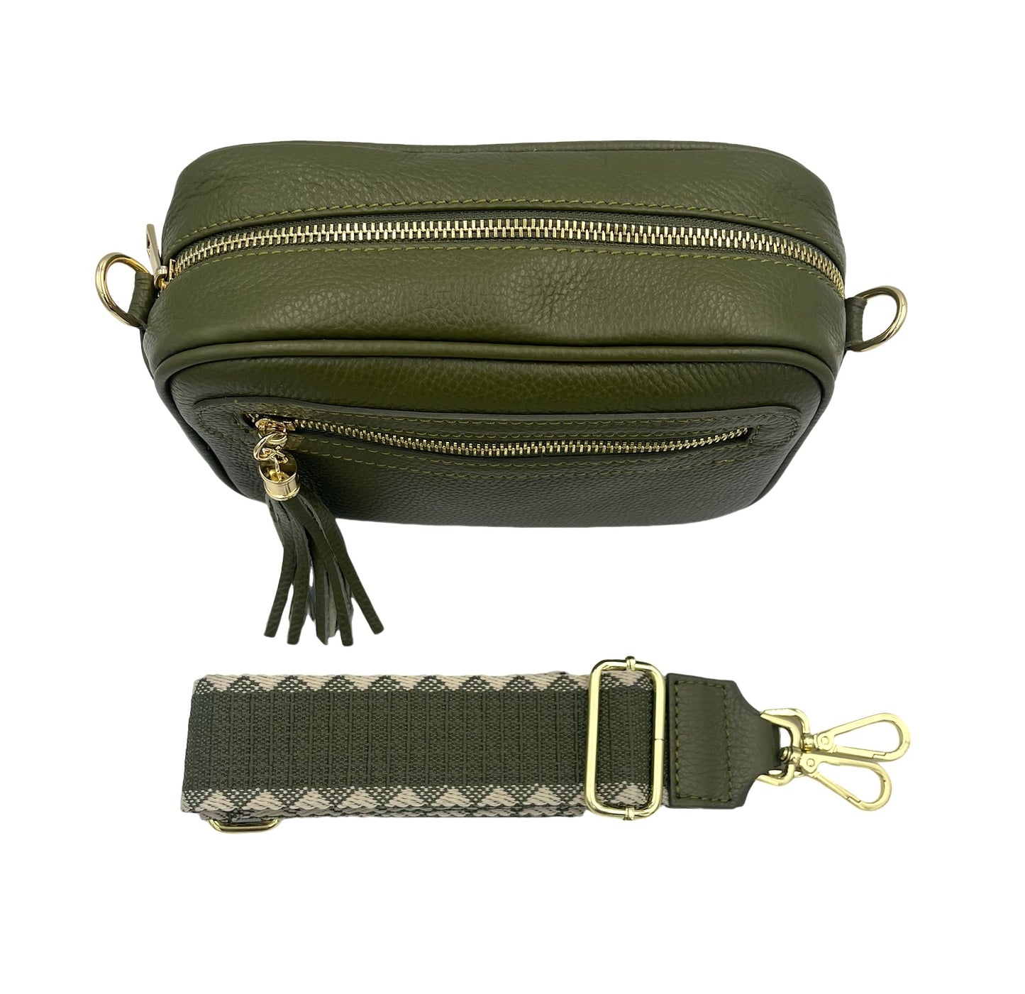 Tassel Crossbody Bag - olive with olive/cream stripe strap