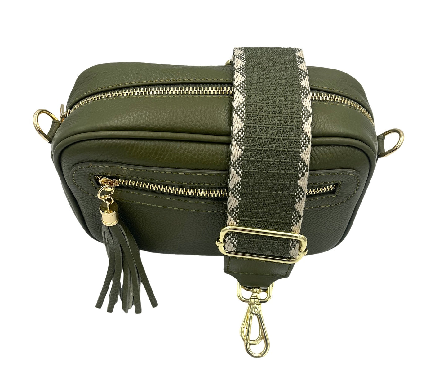 Tassel Crossbody Bag - olive with olive/cream stripe strap