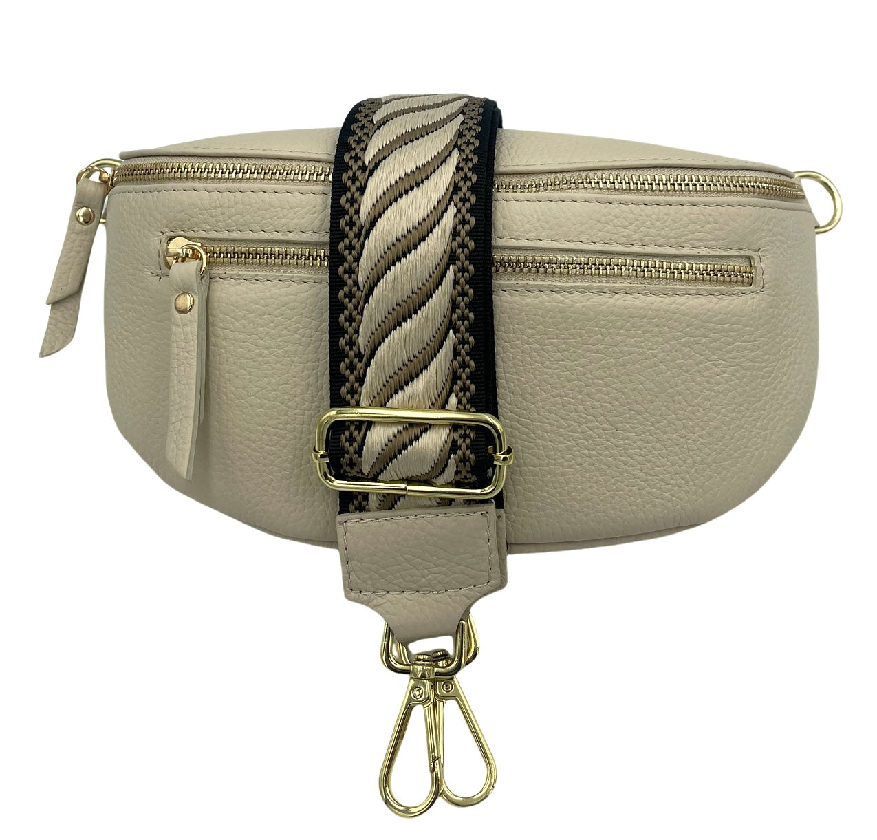 Sling Bag - cream double zipper with cream/blk/olive strap