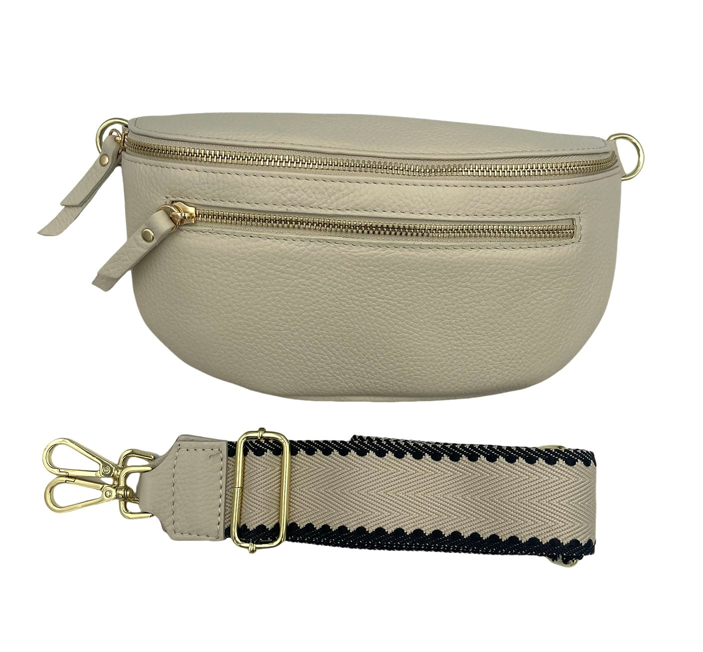 Sling Bag - cream double zipper with cream/blk strap