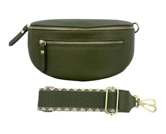 Sling Bag - olive double zipper with cream/olive strap