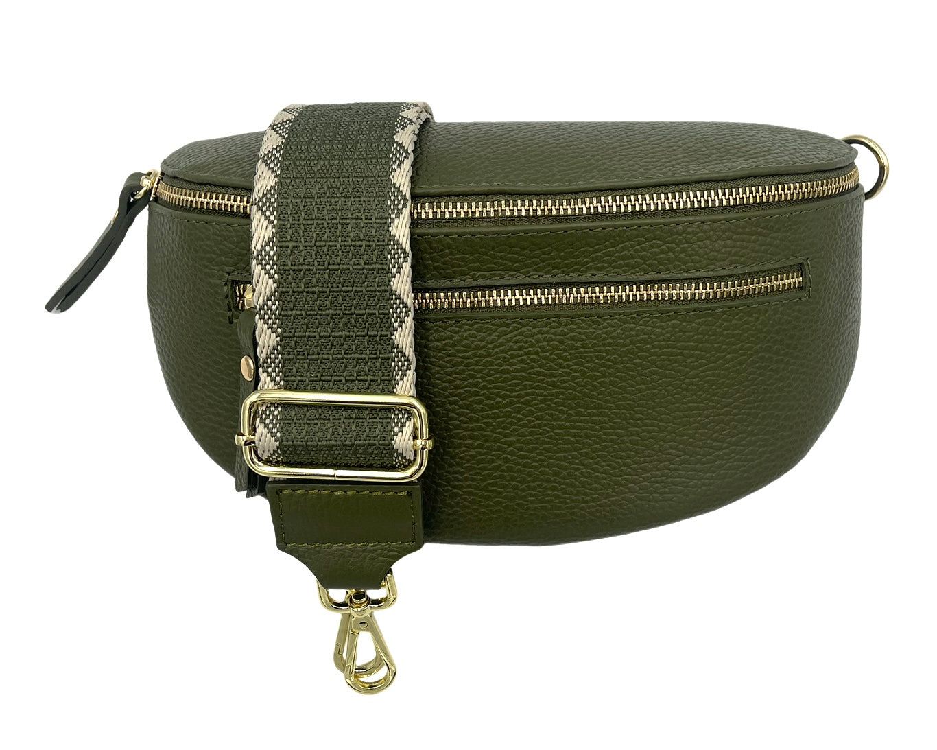 Sling Bag - olive double zipper with cream/olive strap