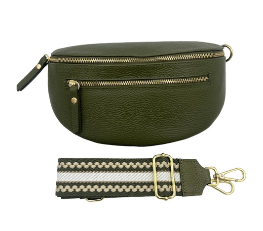 Sling Bag - olive double zipper with cream/olive strap