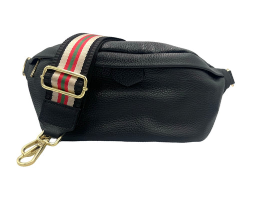 Sling Bag - large black sling with crm/red/grn strap