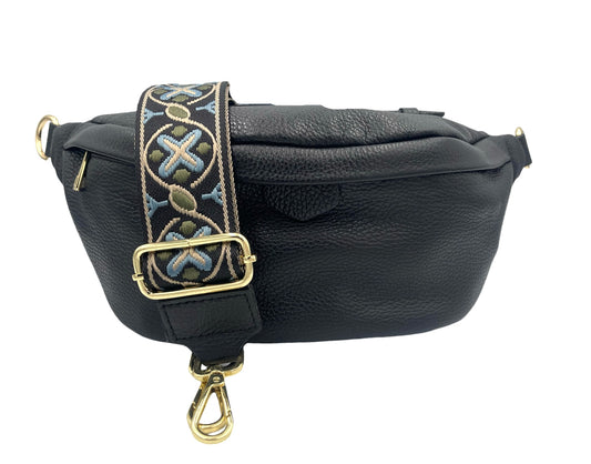 Sling Bag - large black sling with bkl/olive/blue strap