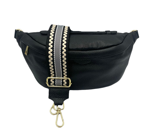 Sling Bag - large black sling with cream and black strap
