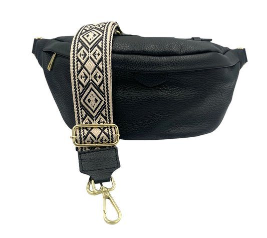 Sling Bag - large black sling with cream and black strap